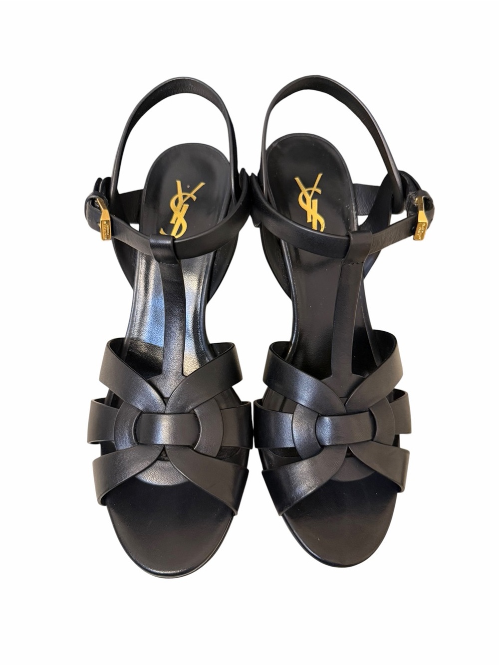 Saint Laurent YSL Black Leather Platform T-Strap Sandals with Gold Buckle